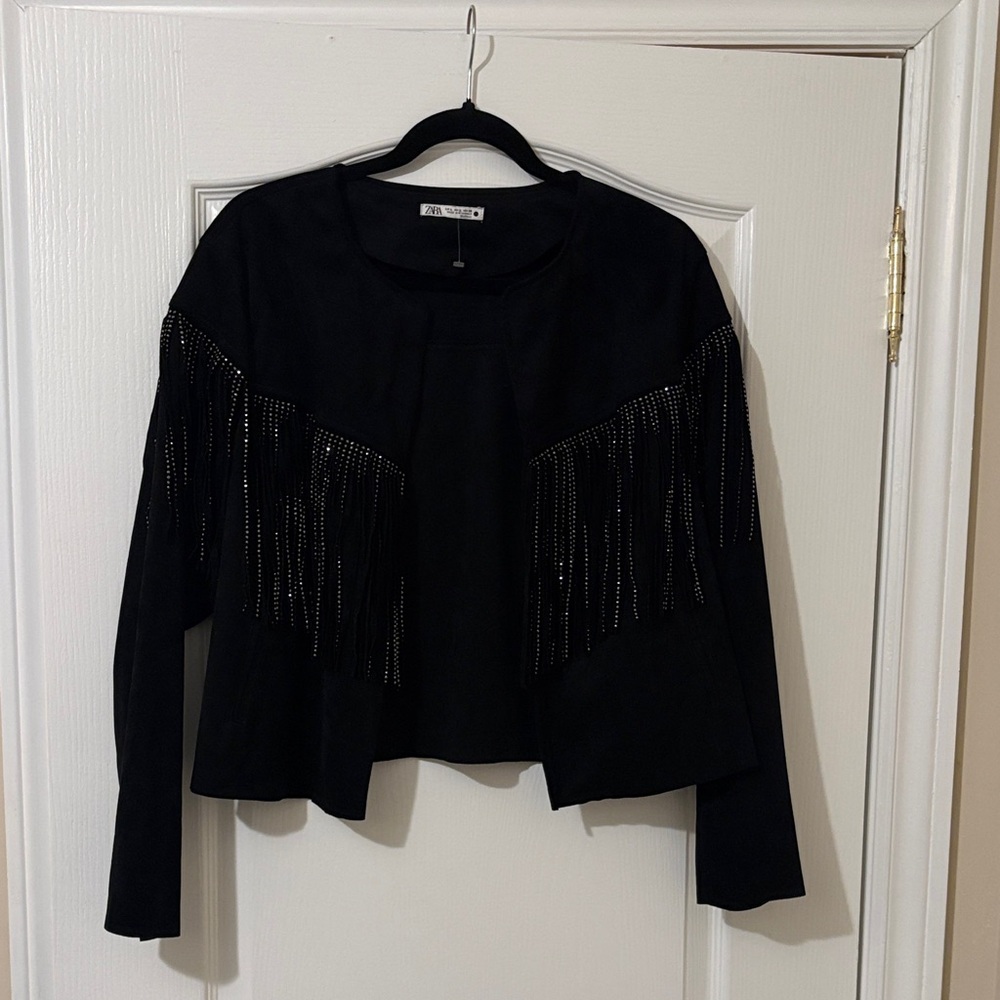 Zara Elegant Black Faux Suede Fringe Jacket